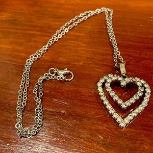 Rhinestone Heart Pendant and Silver Tone Chain.All Prong Set.